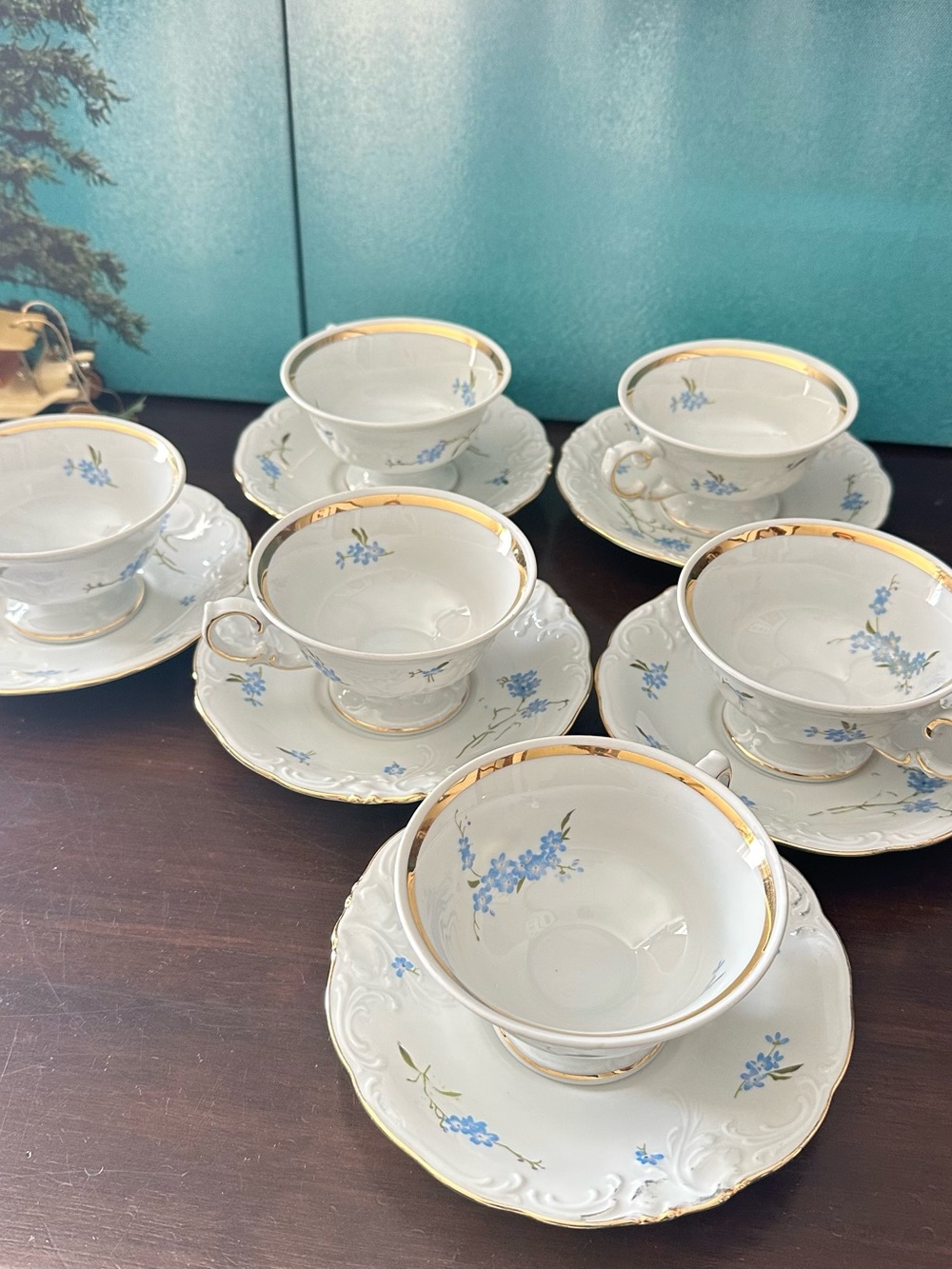 Porcelain Teacup and Saucer Set with Blue Floral and Gold Trim made in Poland